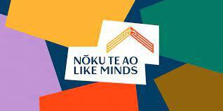 Colourful graphic of yellow, blue, green, purple red and brown surrounding a logo for Nōku te ao Like Minds